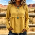 thumbnail image 2 of Linen Blouses for Women Summer Cute Fringe Long Sleeve Modest Tunic Tops Casual Y2k Baggy Crew Neck Plain T Shirts Yellow L, 2 of 7