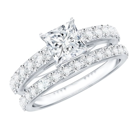 Rosec Jewels Princess Cut Moissanite Wedding Ring Set for Women - D-VS1 Quality - Moissanite Engagement Ring with Enhancer 14K White Gold US 11.50