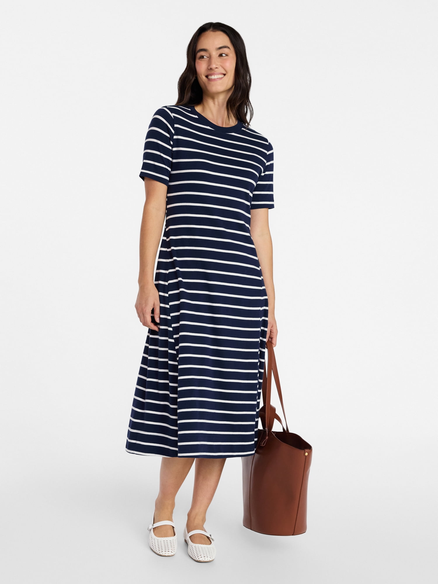 Time and Tru Women's Seamed Cotton Midi Dress, Sizes XS-XXXL