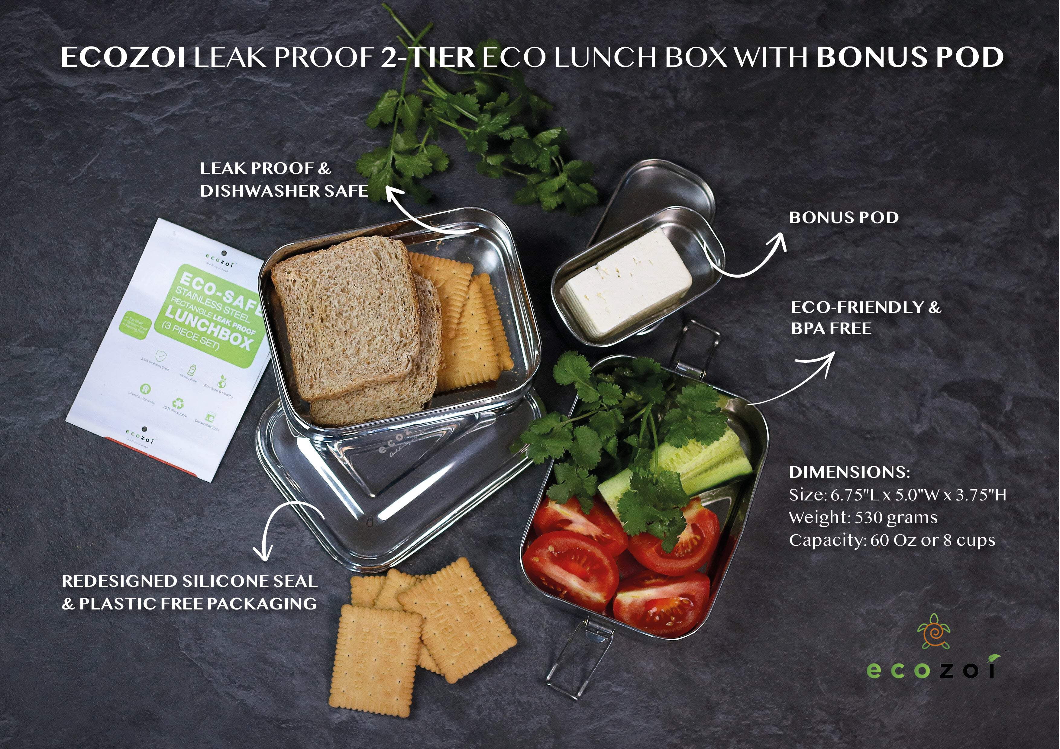 Stainless Steel Lunch Box, 2 Tier Leak Proof, 60 Oz