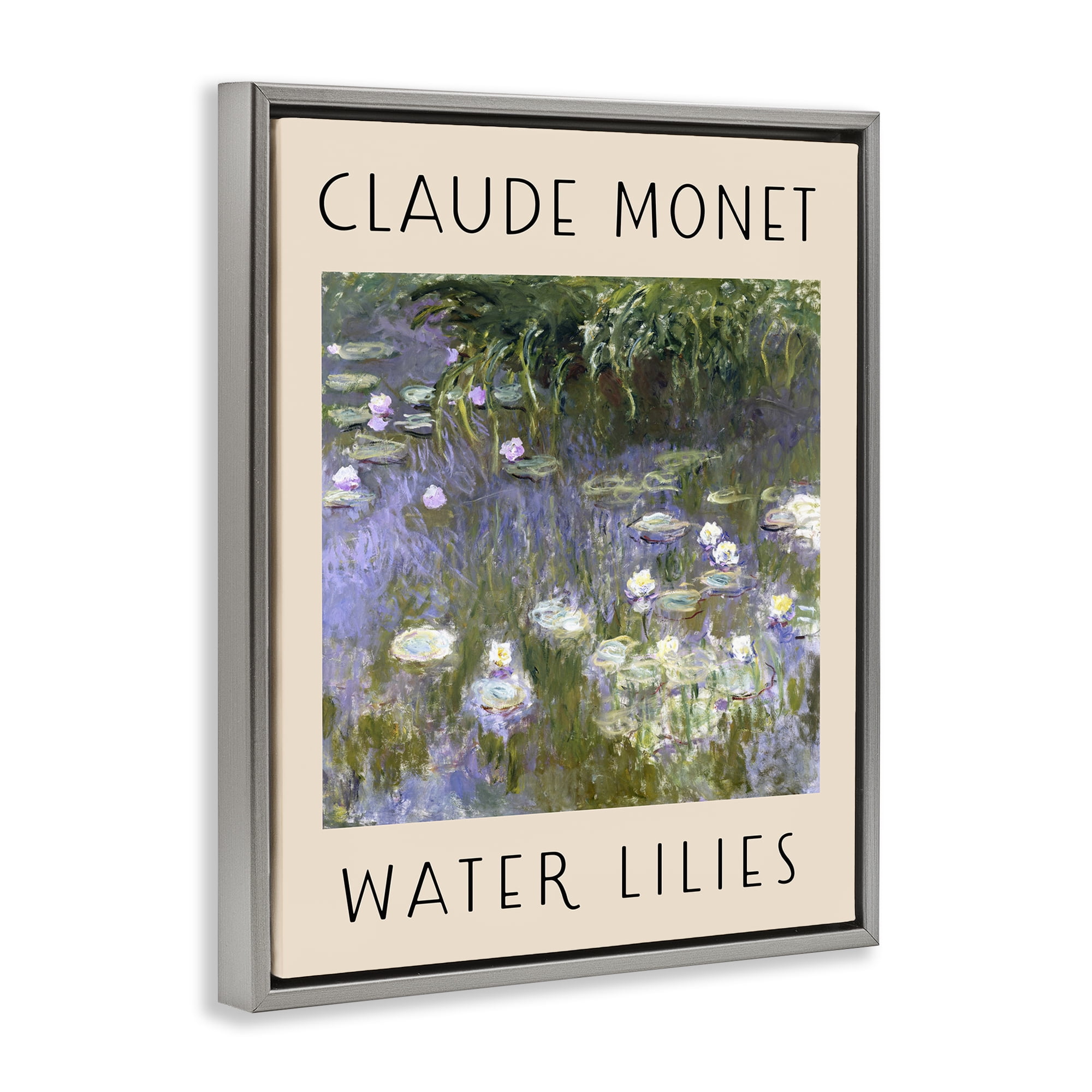 Stupell Industries Classic Monet Water Lilies Landscape & Nature Painting Gray Floater Framed Canvas Art Print Wall Art, 17 x 21