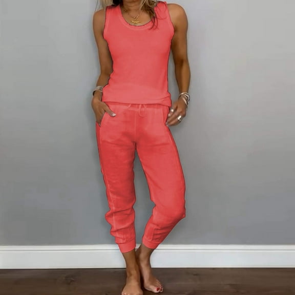 Women's Linen Vest And Drawstring Casual Pants Set Summer Sleeveless Top With Elastic Waist Trousers Two Piece Outfit Wedding Pant Suits plus Size Linen Pants Suit Women Womens plus Size Jumpsuits And
