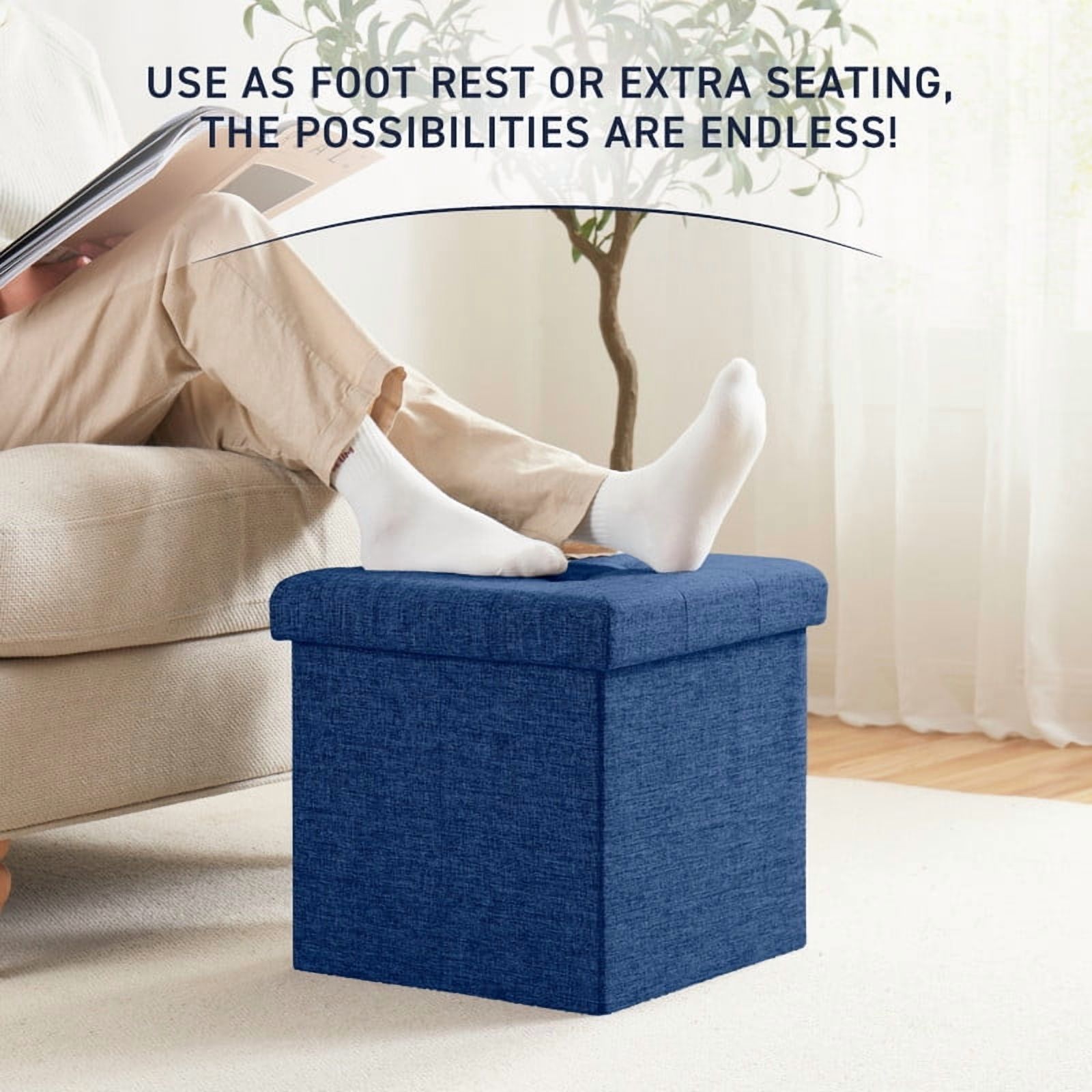 Ornavo Home 2 Pack 15 Inch Folding Storage Ottoman with Storage, Square Cube Linen Small Storage Ottoman Foot Rest Stool - Navy Blue