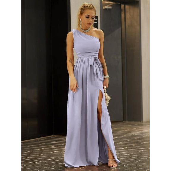 One-Shoulder Belted Front Split Dress