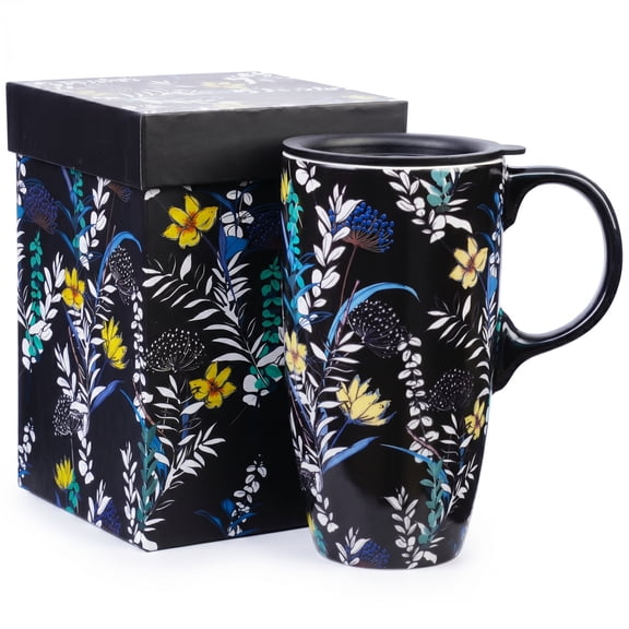 Topadorn Black Botanical Floral Ceramic Travel Mug, 17oz, Midnight Garden Print, Spill-Resistant Lid, Microwave & Dishwasher Safe, Gift Boxed