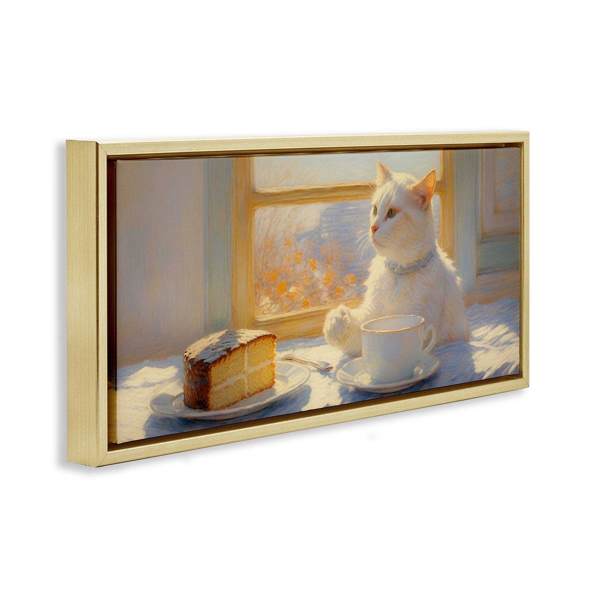 Stupell Industries Sunlit Tea Party Cat Gold Framed Floater Canvas Wall Art, design by Angie Hawke