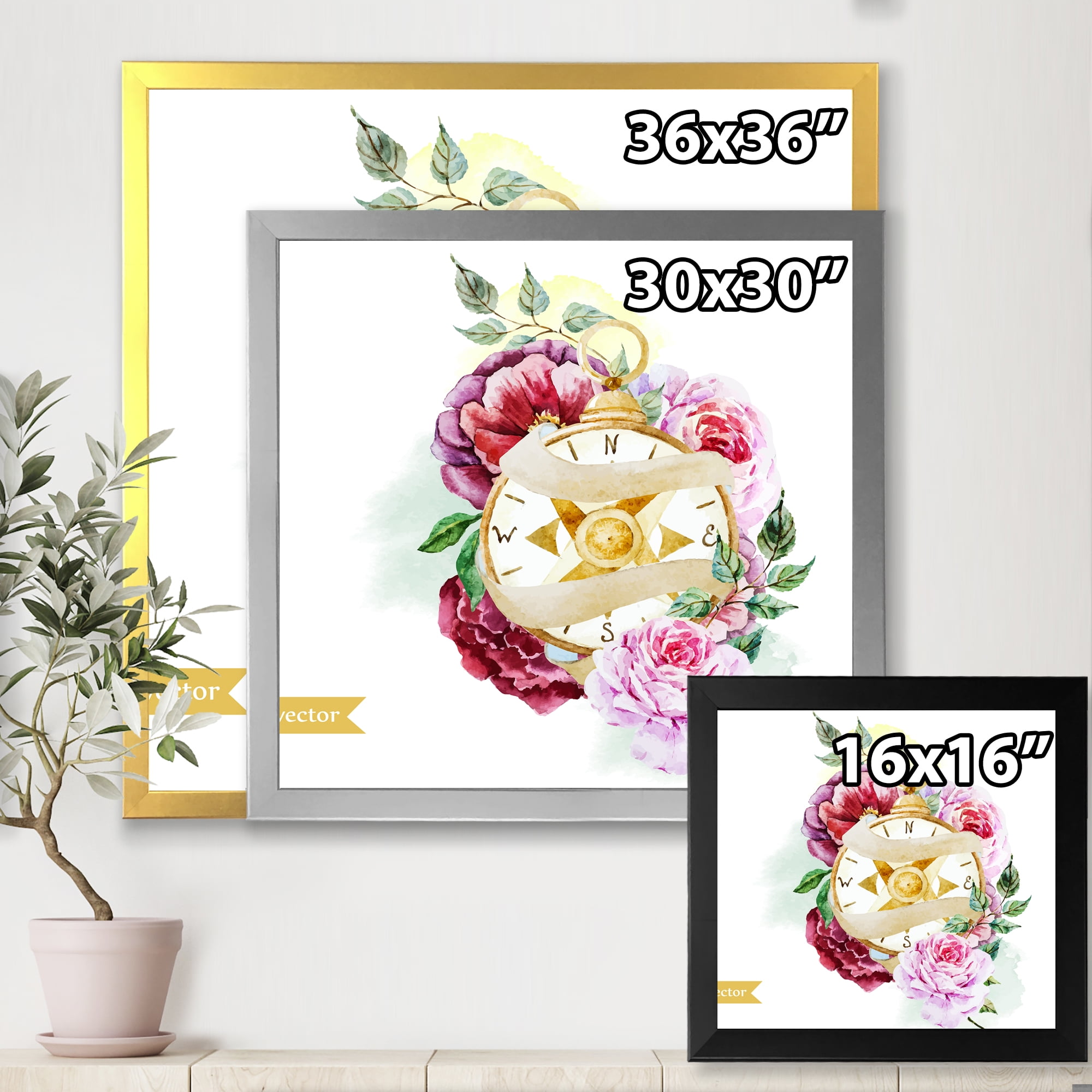 Designart 'Compass Among Flowers' Traditional Framed Art Print