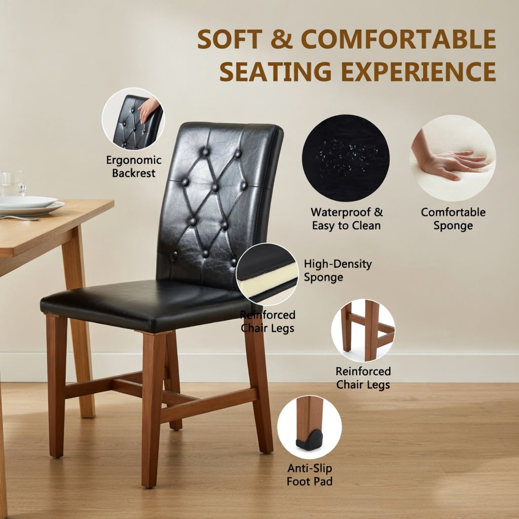 Hommoo 2-Pack PU Leather Dining Chairs with Metal Legs, Ergonomic Buckle Backrest, Adjustable Non-Slip Feet, Modern Luxury Design for Home & Commercial Use, Black & Brown