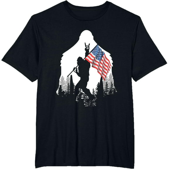 Big Foot Shirt - Bigfoot Sasquatch American Flag Patriotic T-ShirtMen's and women's gift, black and white T-shirt, size: Extra large S-4XL