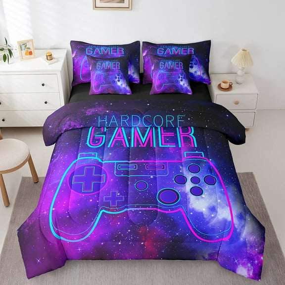 Erosebridal Video Game Gamer Bedding Twin Size, Purple Galaxy Comforter Sets with Sheets, Sparkle Star Starry Sky Duvet Set, Breathable Room Decor, Reversible 7-Piece