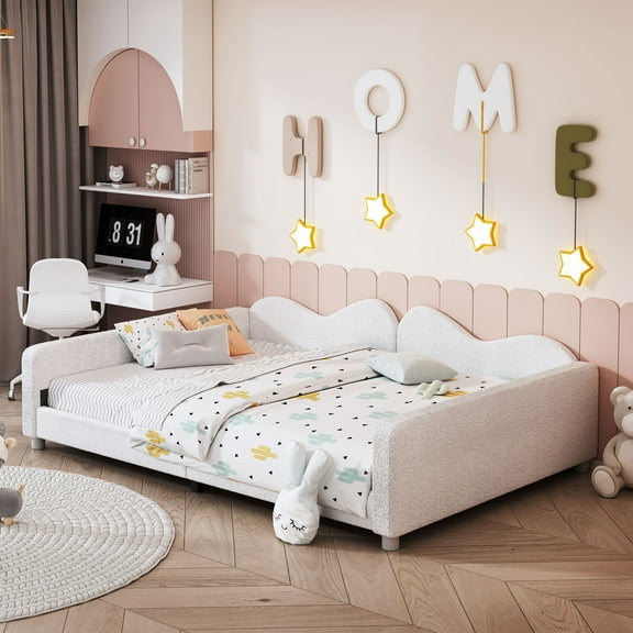 Full size Upholstered Daybed, Sherpa Fabric Sofabed with Cloud-Shaped Backrest, No Box-spring Needed,White