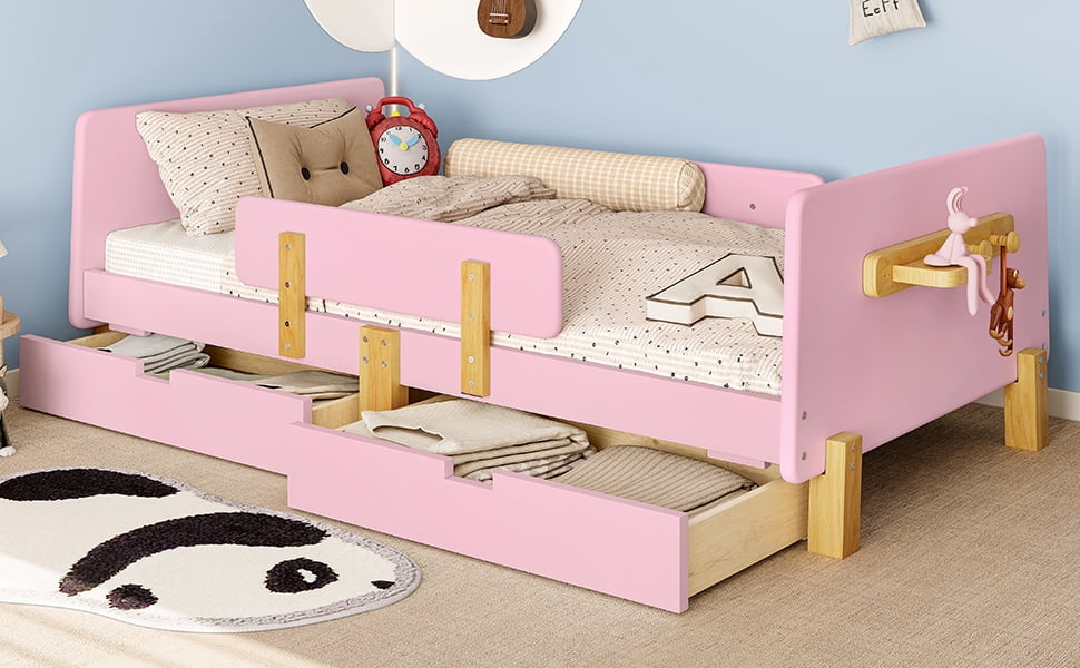 Yoneston Twin Size Kids Platform Bed with 2 Storage Drawers, Solid Wood Todder Bed Frame with Guardrails and Hooks for Boys Girls, Pink
