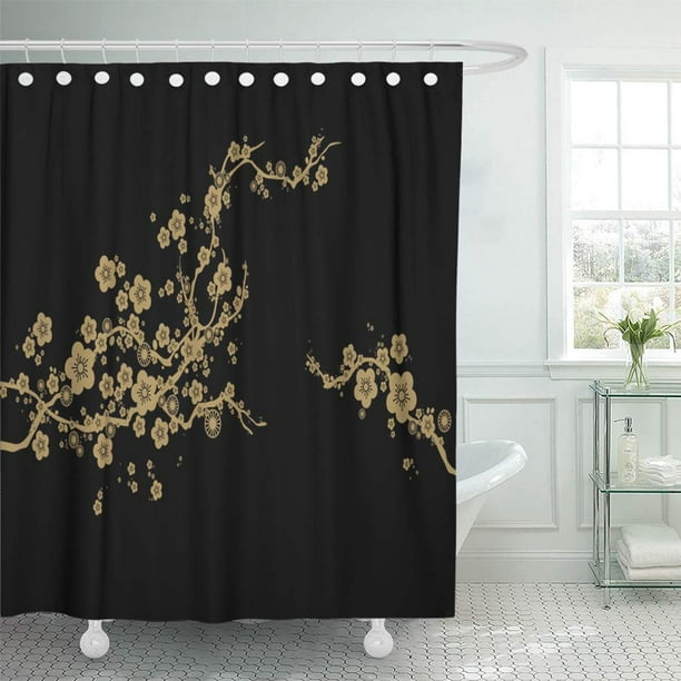 Pknmt Chinese Golden Cherry Blossom Against Black Japan Flower Fl Tree Oriental Gold Shower Curtain Bath 66x72 Inch Com Pknmt Chinese Golden Cherry Blossom, Black And Gold Shower Curtain