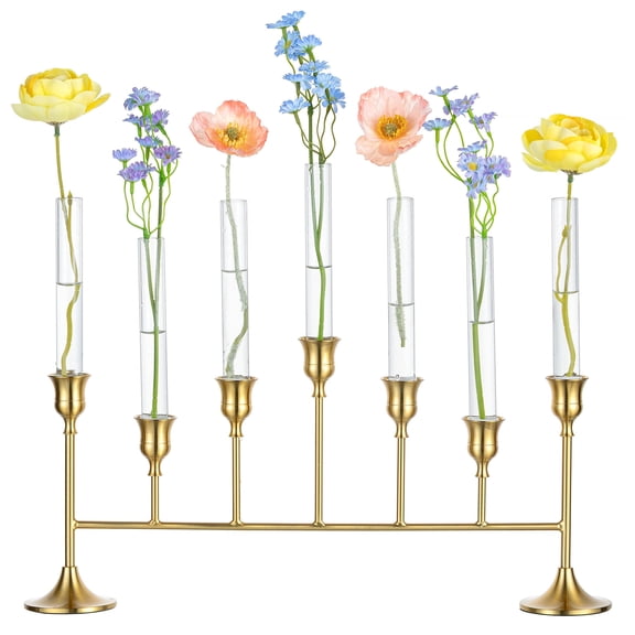 Glasseam 7 Arm Candelabra Vase Holder: Vintage Gold Dual-Purpose Taper Candle Holder Small Glass Vase for Flowers 7PCS Staggered Height Centerpiece for Wedding Dining Table Decor