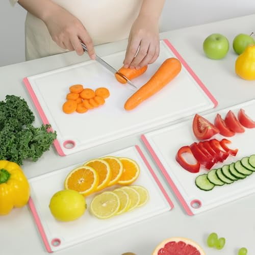 Plastic Cutting Boards for Kitchen, 3-Piece Large Cutting Board Set Dishwasher Safe Chopping Boards with Non-slip Feet and Juice Grooves, Pink