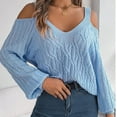 thumbnail image 4 of UTSJKR Women's Trendy Cold Shoulder Sweaters 2024 Fashion Clothing Solid V Neck Pullover Tops Cable Knit Loose Oversized Jumper Long Lantern Sleeve Sleeve Fall Sweaters Blue M, 4 of 8