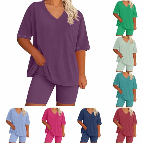 Sakmal Women's Shorts Sets High Waisted 2 Piece Outfits Blue Solid Casual Womens Shorts with Pockets