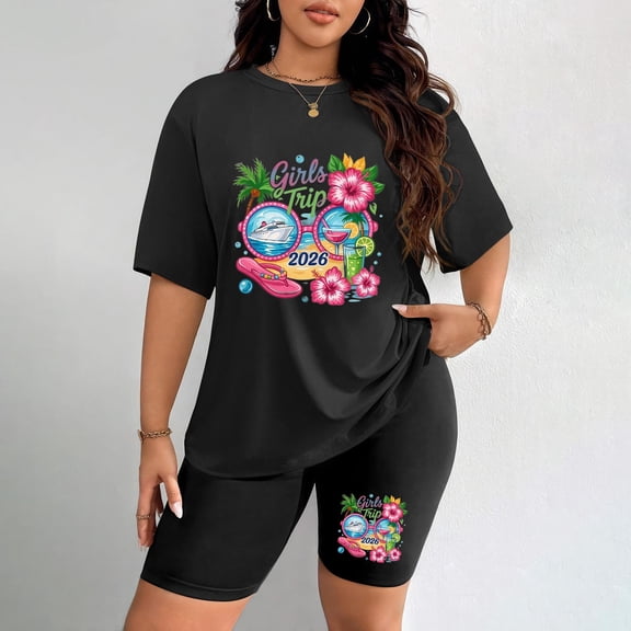 Women's Plus Size Girls Trip 2026 Print T-Shirt & Shorts Set