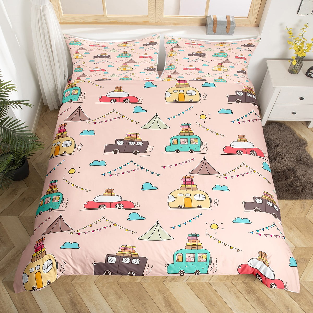 Camper Bedding Set Camp Travel Car Comforter Cover Camping Gift,Happy