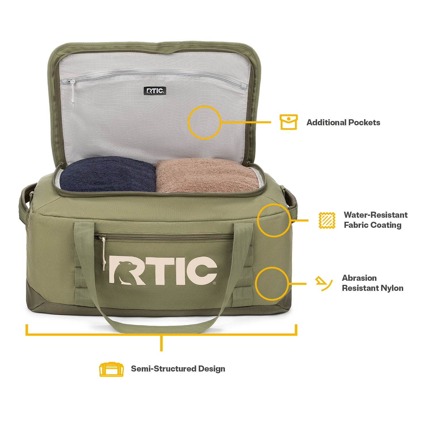 RTIC Road Trip Duffle Bag, Medium, Water Resistant, Durable Fabric, Olive & Beach