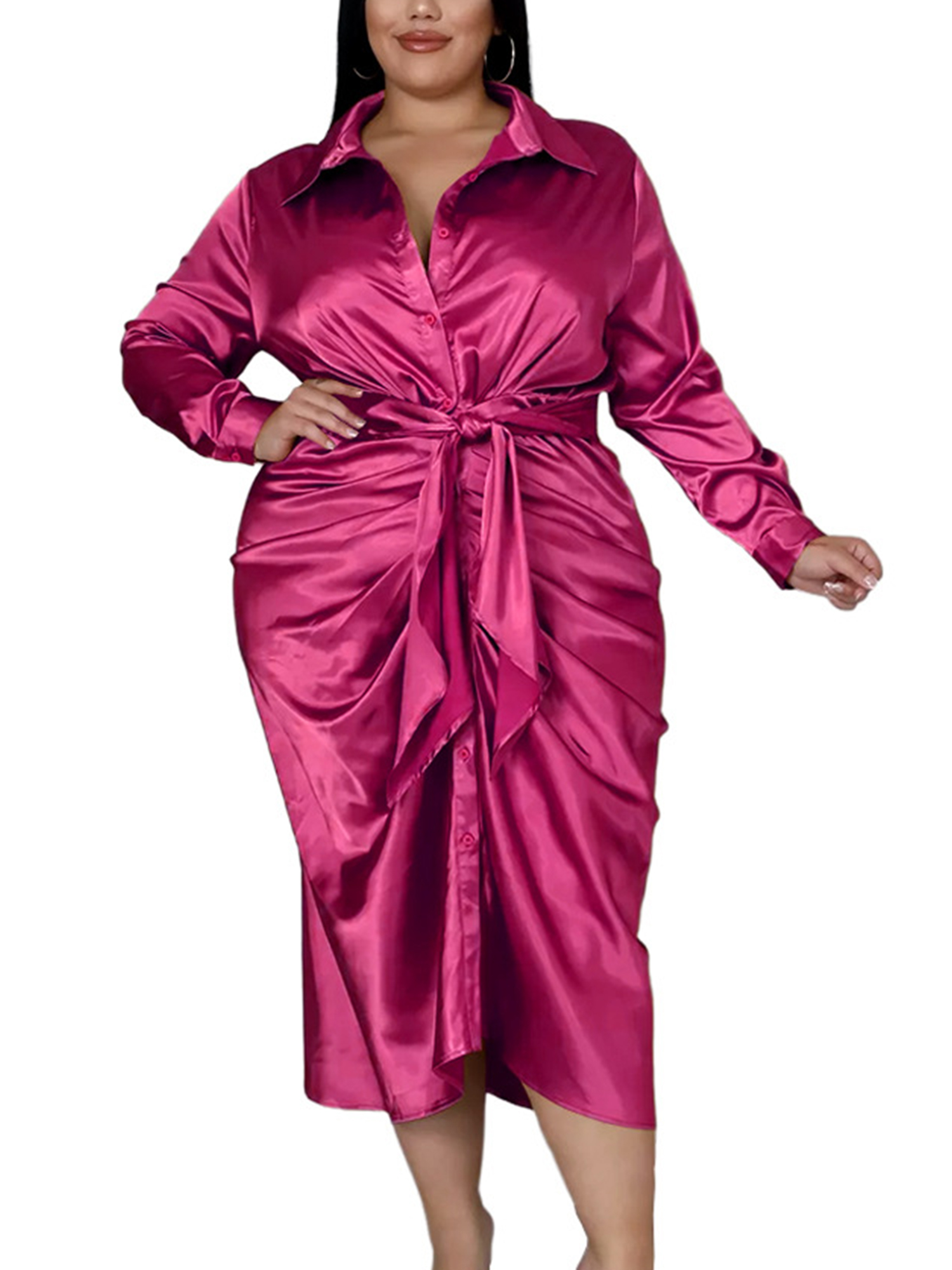 Voguele Women Shirt Dress Button Down Midi Dresses Lapel Formal Plus