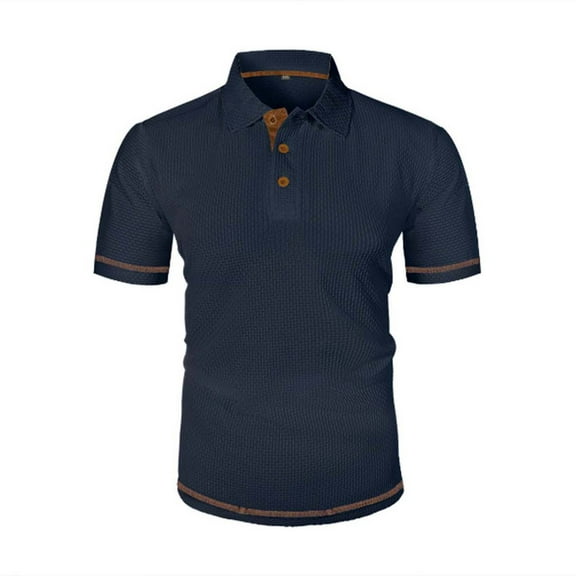 Tops for Men under $5 Short Sleeved Lapel Button Casual Solid Color T-shirt Navy M