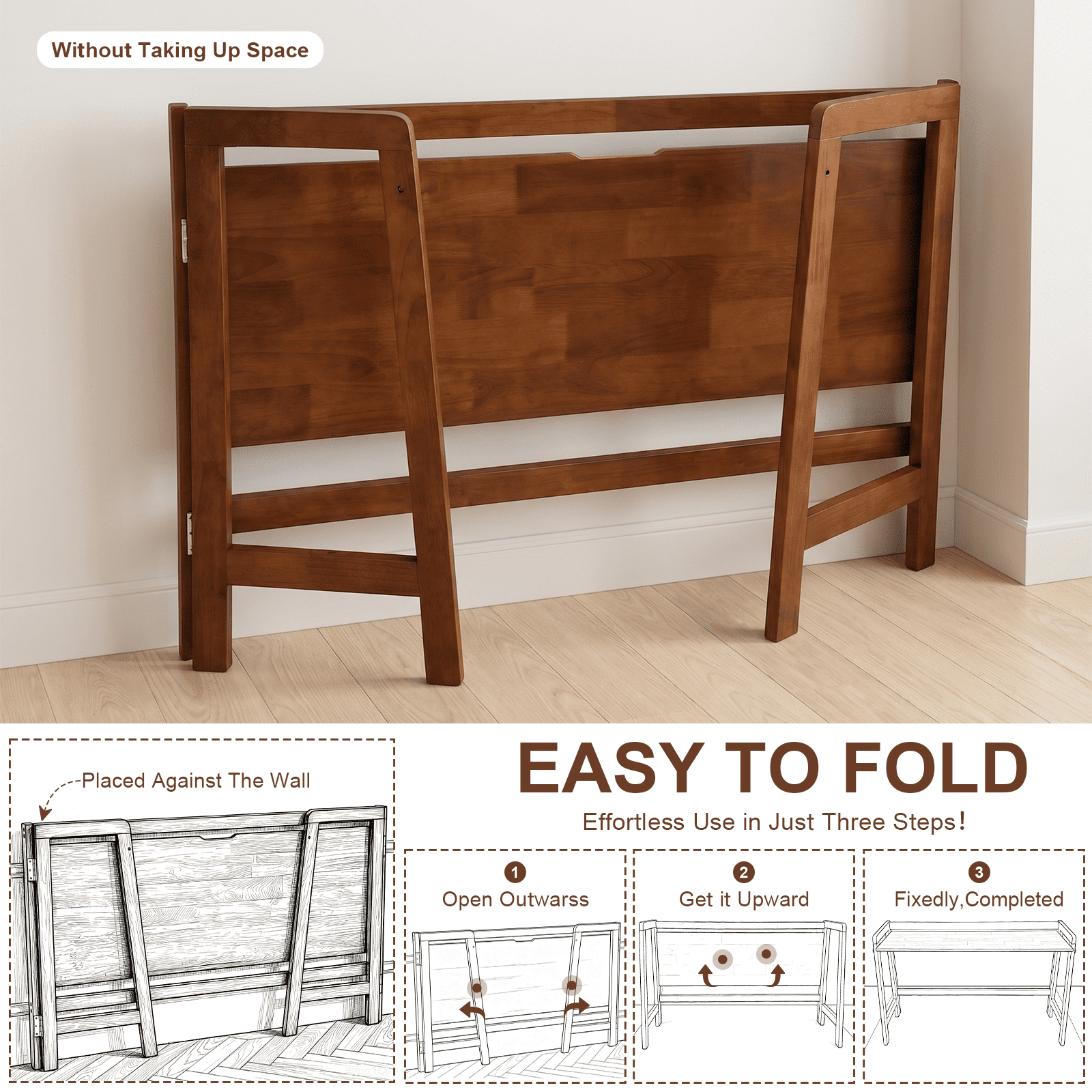 49-Inch Folding Solid Wood Desk with Cable Grooves, Mid-Century Modern Foldable Computer Desk and Writing Table for Home Office, Walnut