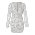 thumbnail image 4 of DHFJKG Womens Deep V Neck Sequin Dress Lantern Long Sleeve Ruched Waist Bodycon Sparkly Slim Fit Mini Party Dress Carnival Going Out Trendy Dresses, 4 of 4
