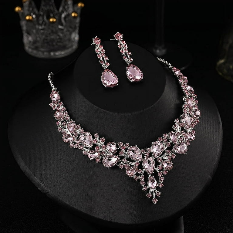 Bridal Wedding Rhinestone Crystal Cubic Necklace Earrings Jewelry Set Party, Women's, Size: One size, Pink