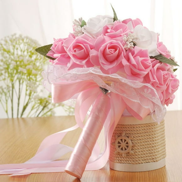 Bridal Bouquet, EDHITNR Realistic Silk Rose Wedding Bouquet, Pearl Rhinestone Satin Handle Artificial Flowers for Bridesmaid Party Office Decoration, Pink