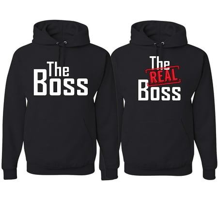 The Boss The Real Boss Funny Girlfriend Boyfriend Gift His and Hers Matching Couples Hoodie Sweatshirts Set , Black, Mens S-Womens S