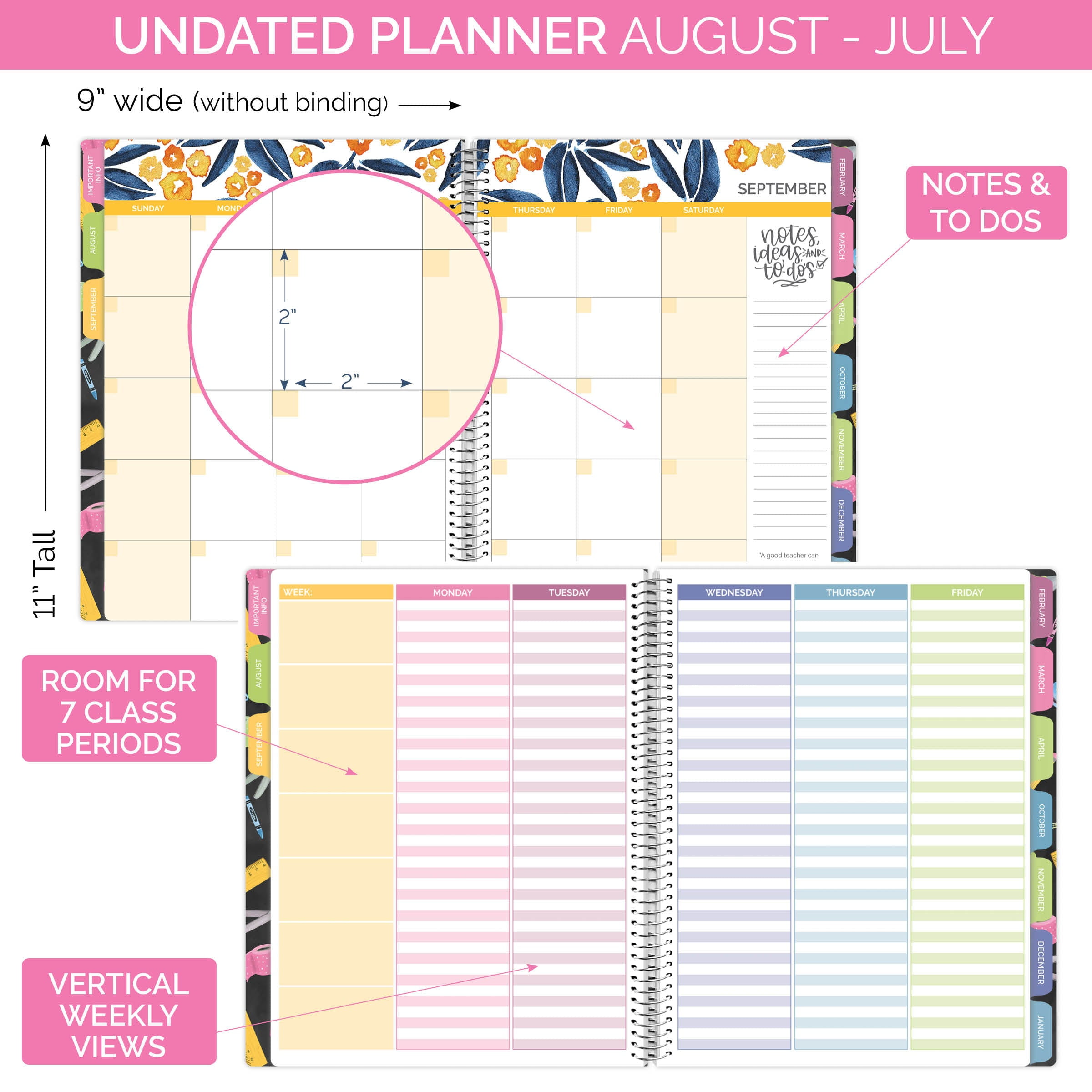 bloom daily planners Undated Teacher Planner & Calendar, Chalkboard, 9" x 11"