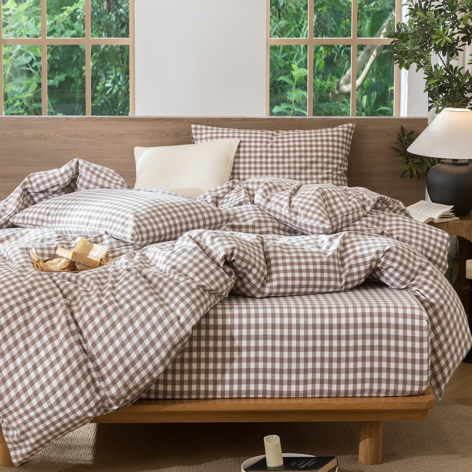MooMee Gingham Duvet Cover Set Queen 100% Washed Cotton Linen Like Textured Breathable Lightweight 3-Piece (Brown, 90"x90")