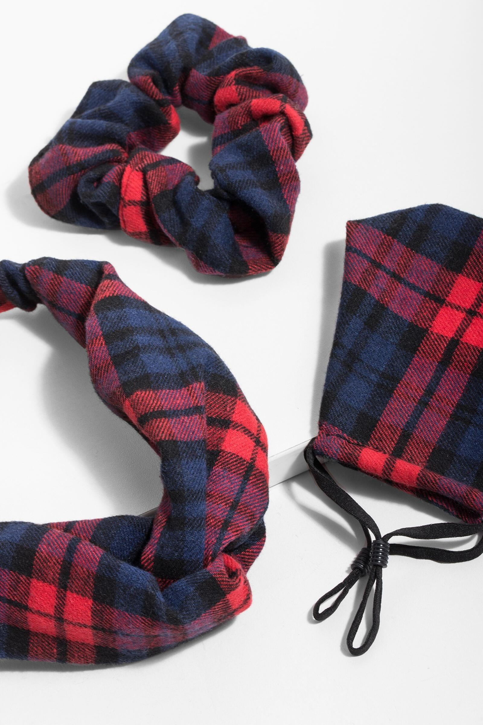 Veroma Red Navy Plaid Face Mask, Headband, Scrunchi 3 Piece Set