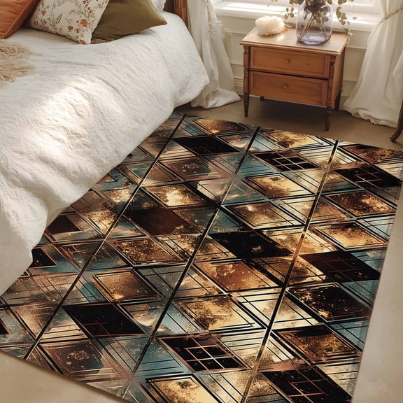 4x6 Area Rugs, Brown Teal Geometric Non-Skid Rubber Backing Large Rectangle Rugs - Living Room Bedroom Home Office, Retro Modern Plaid Abstract Art Indoor Floor Mat Carpets Washable Rug