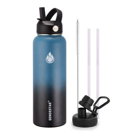 SENDESTAR Bouteille d'Eau 32oz Double Paroi Isolée sous Vide Étanche en Acier Inoxydable Bouteille de Sport à Grand Ouverture avec Nouveau Couvercle à Paille Flexible et Bec (Bleu Profond&Noir)