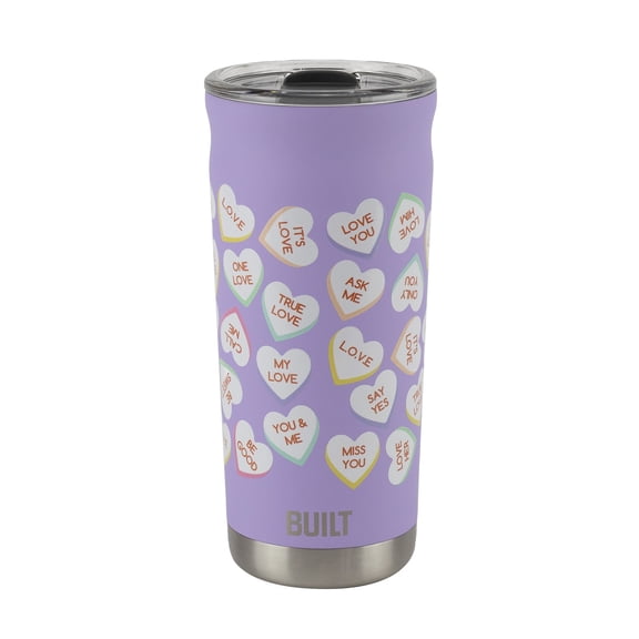 BUILT Torrent Valentine's Day 20 oz Insulated Stainless Steel Tumbler Lavender Conversation Hearts