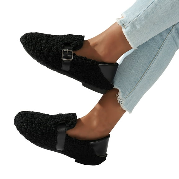 Rokment Fuzzy Slip on Loafers Snow Boots for Women 2025 Winter Fashion Buckles Plush Fleece Walking Flat Casual No Heel Short Ankle Booties Black Size 5.5