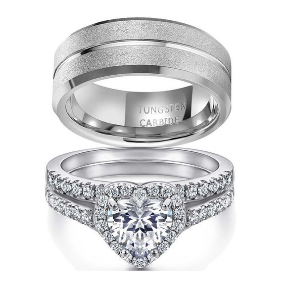 Couple Rings White Gold Plated 925 Sterling Silver Ring 1CT AAAAA Heart CZ Women Wedding Ring Sets Men Tungsten Steel Ring