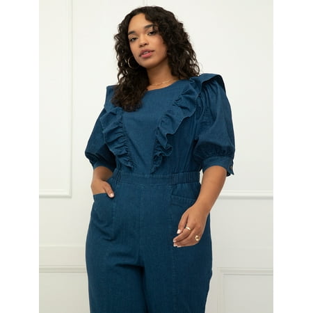 ELOQUII Elements Women's Plus Size Denim Jumpsuit With Ruffles