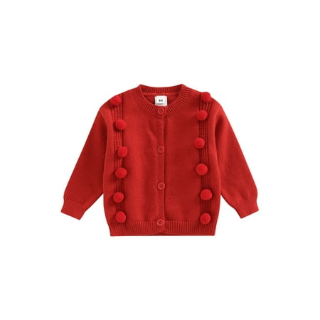 

Frobukio Kids Little Girls Winter Warm Sweaters Long Sleeve Round Neck Button Down Knit Cardigan with Pom Red 5-6 Years