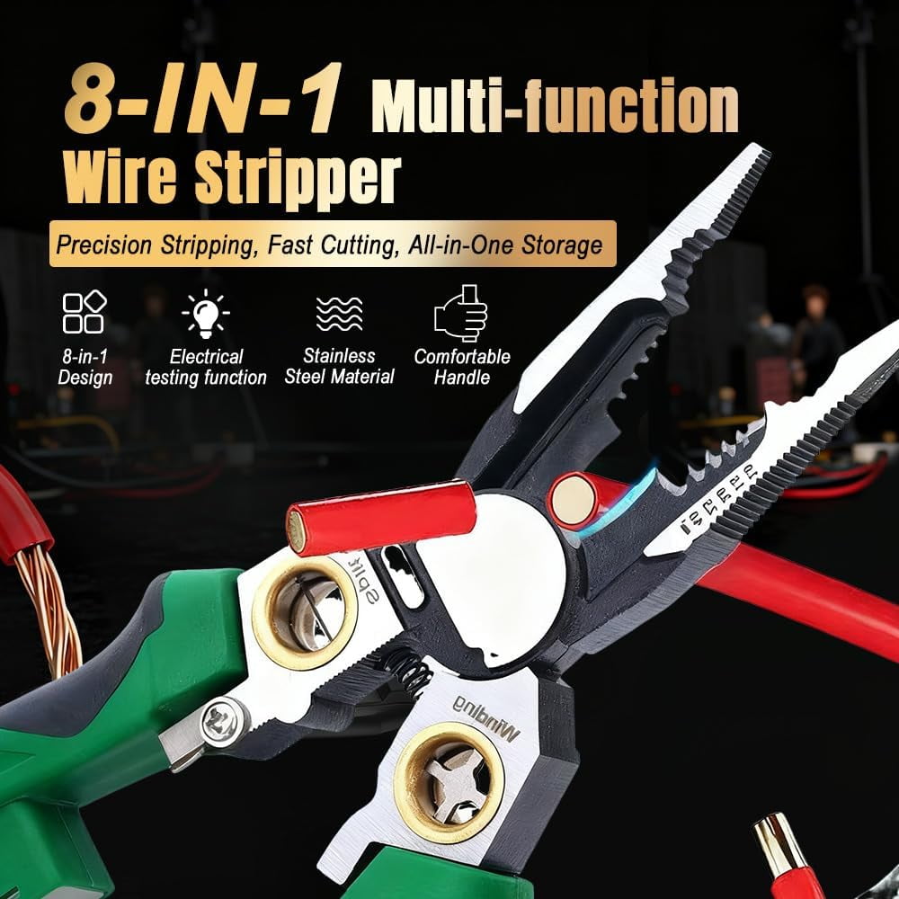 8 In 1 Wire Stripper, 2026 New Multifunction Foldable Wire Stripper Cable Stripping Pliers, Upgrade Electric Wire Stripping Tool for Cutting and Pulling Wires Cable Scissors (Green)