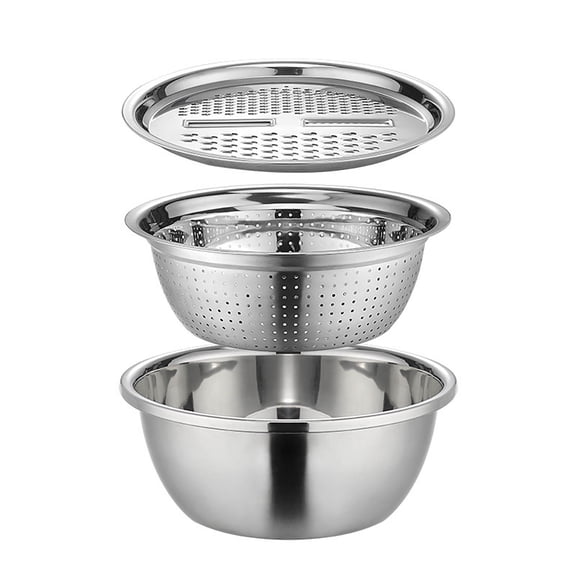 YingYouFu Stainless Steel Kitchen Basin Drain Basket Colander Set 3 in 1 Multifunctional Fruit Vegetable Julienne Grater Strainer Fine Mesh Basket Vegetable Rice Washing Bowl Set
