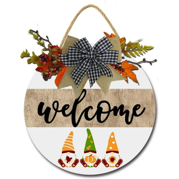Eveokoki 12" Gnomes Welcome Sign Hanging Christmas Door Wreath Wooden Sign Round Front Door Decor Burlap Bowknot Red Berries Hanging Sign Rustic Farmhouse Porch Sign Holiday Decor