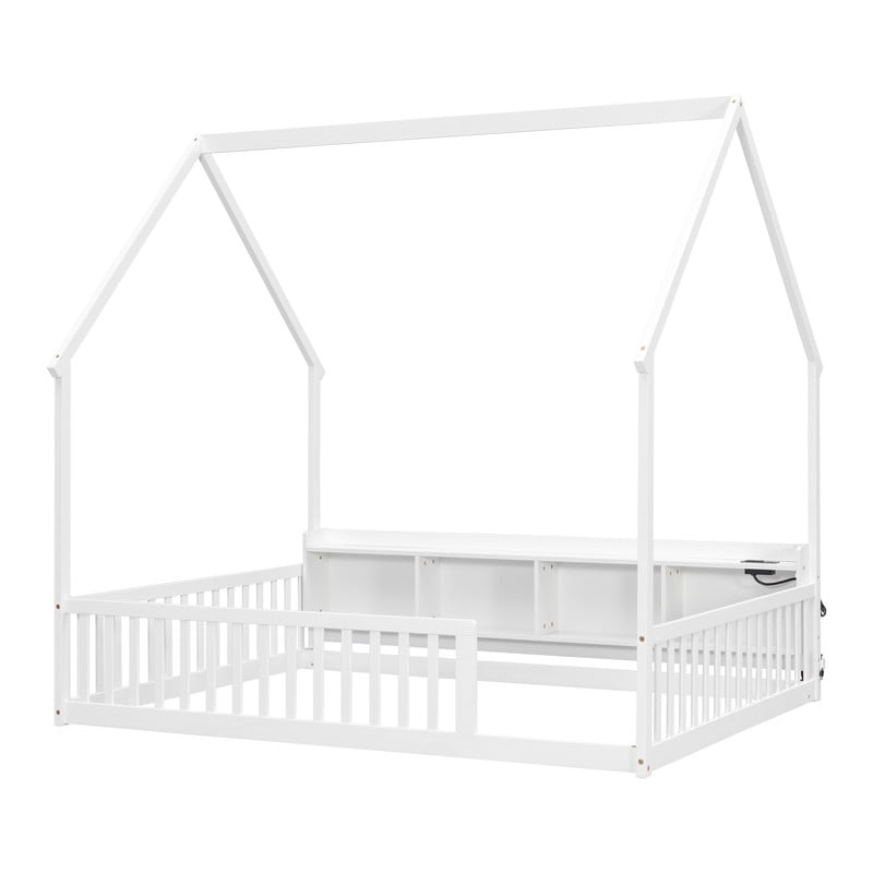 Full Size House-Shaped Canopy Bed with Roof, Wood Kid's Floor Bed Frame with Storage Shelves, LED Lights & Charging Station