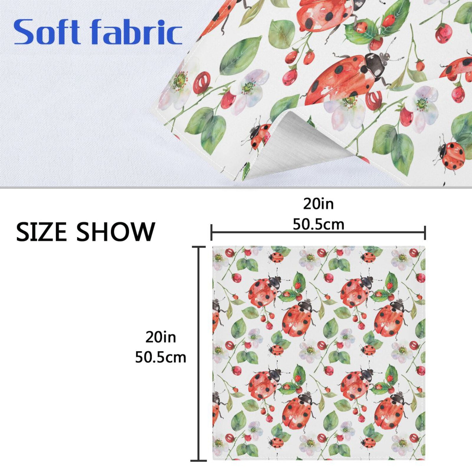 JSTEL Lady Bug Flower Leaf Cloth Napkins Set of 6, 20x20 Inch Washable and Reusable Napkin for Decoupage Dinner Party Everyday Use