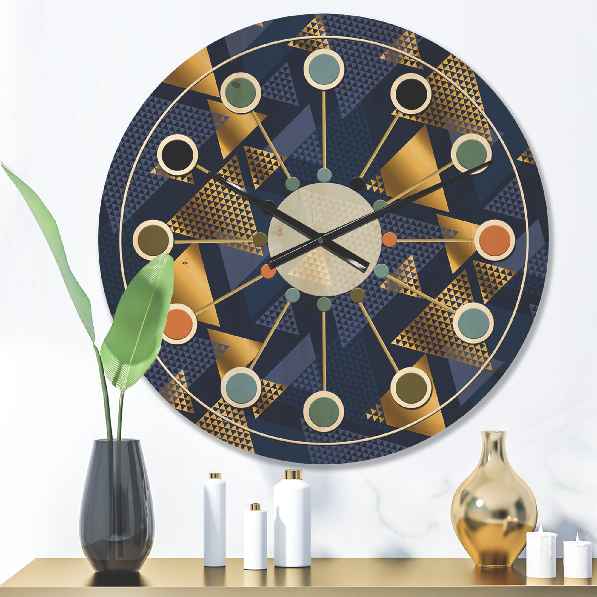 Designart 'Retro Luxury Waves In Blue and Gold IX' Mid-Century Modern Wood Wall Clock