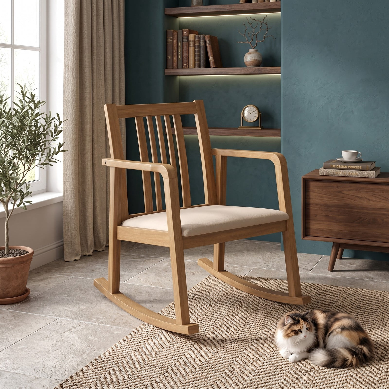 Furnibear Rocking Chair with Slatted Back, Curved Armrests and Soft Padded Fabric Seat for Living Room, Bedroom and Nursery, Natural
