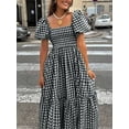 thumbnail image 3 of Black And White Plaid Square Neck Puff Sleeve Tiered Midi Dress For Women, 3 of 6