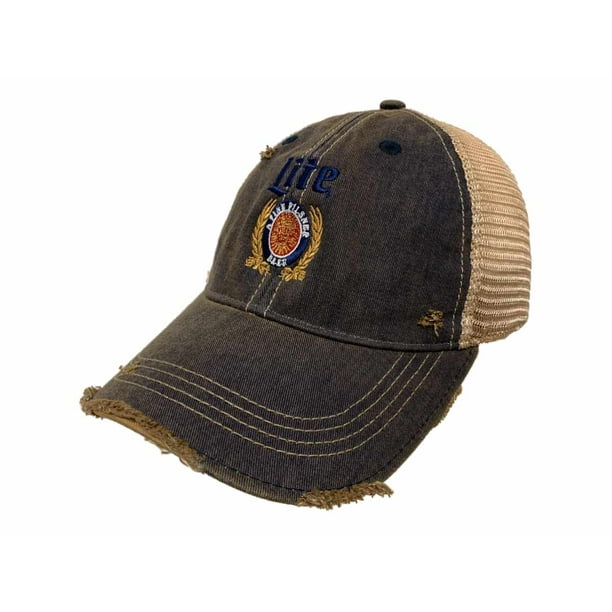 Miller Lite A Fine Pilsner Beer Retro Brand Denim Distressed Mesh Adj